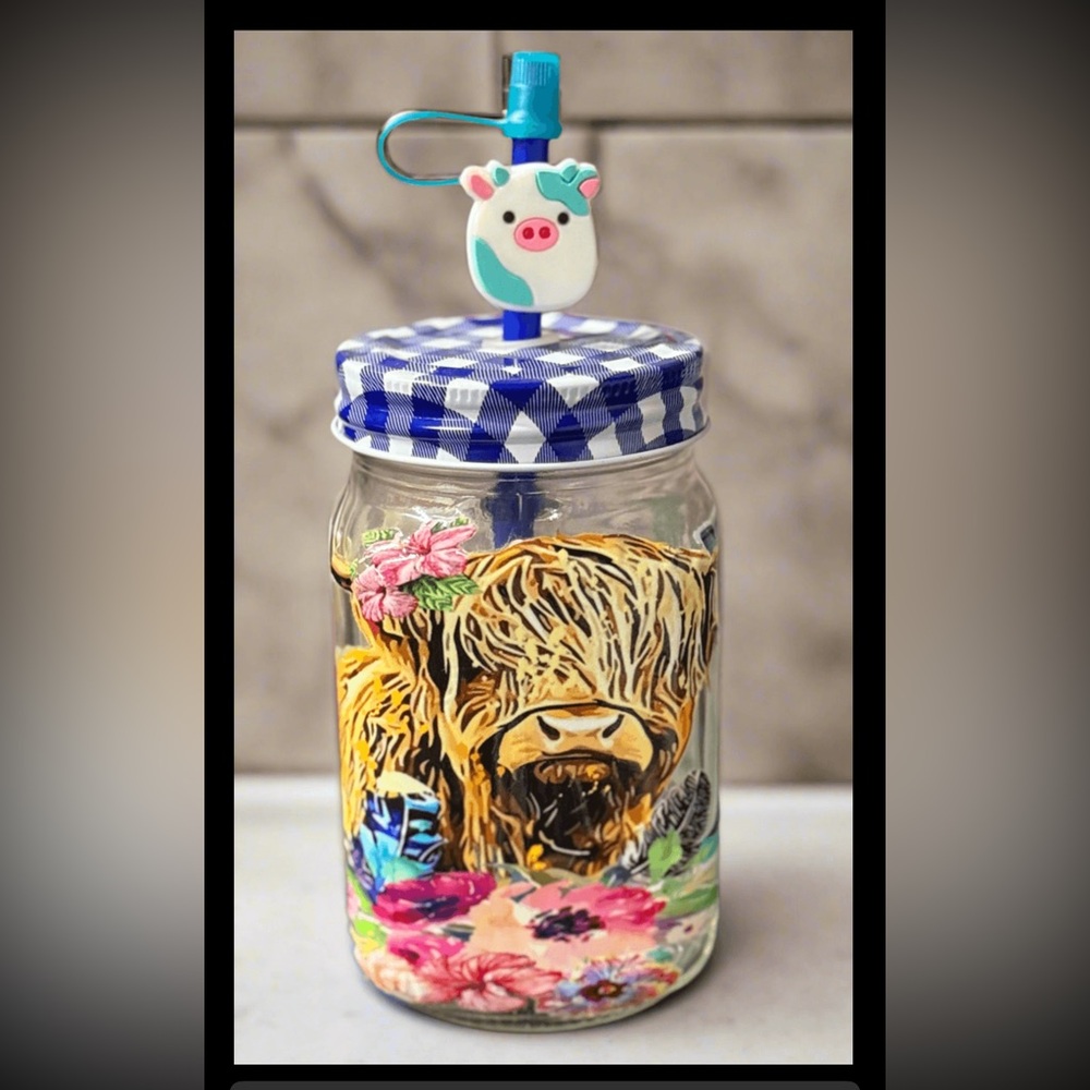Handmade Cow and Letter M glass cup Blue Straw, straw lid and straw charm - Picture 1 of 3